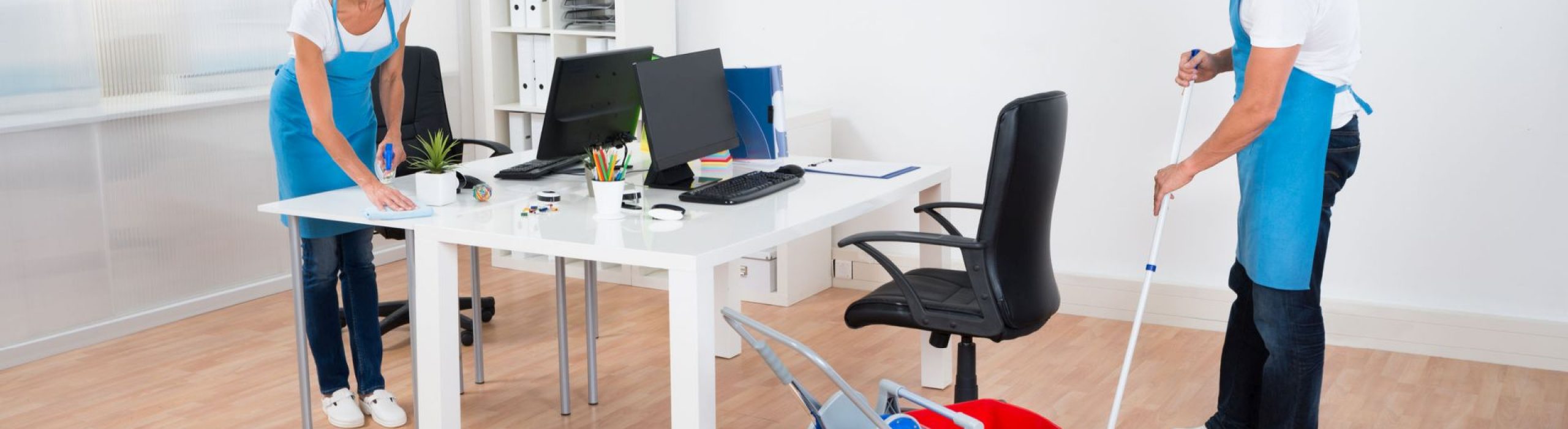 Two Cleaners With Cleaning Equipments Together Cleaning The Office